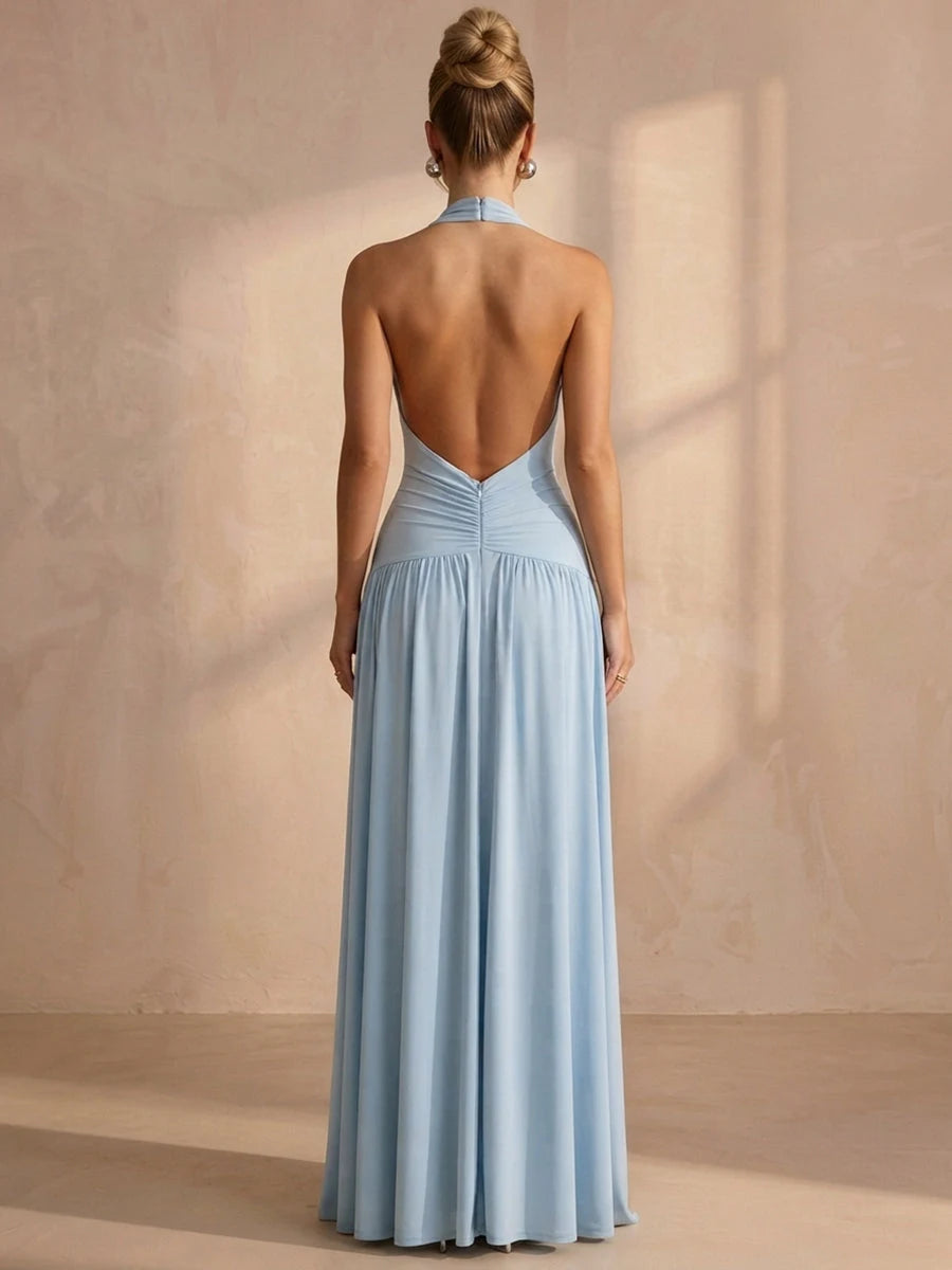 Graceful A-Line Halter Sleeveless Ruched Backless Blue Maxi Prom Dresses Women