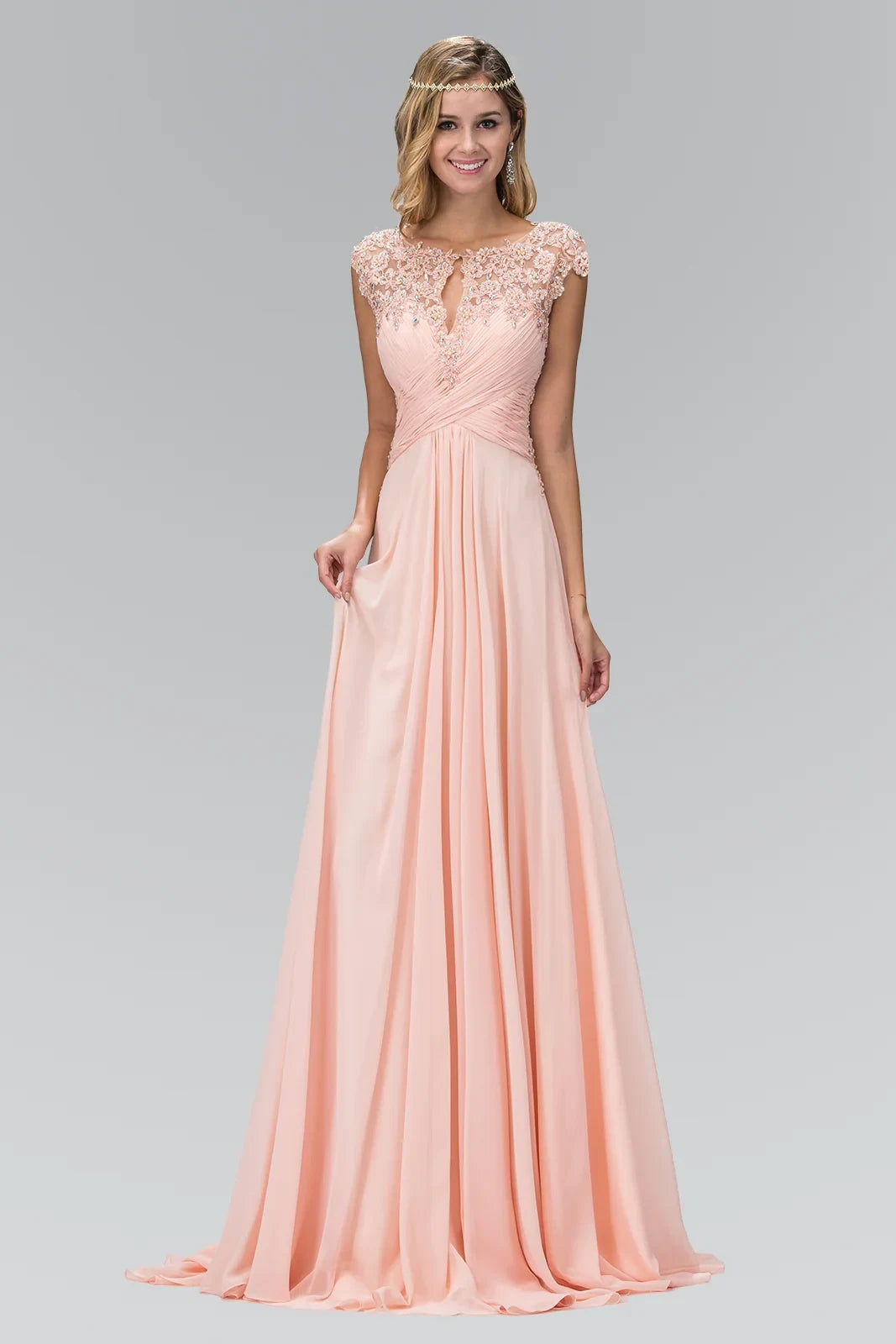 Graceful A-Line Illusion Cap Sleeve Beaded Peach Floor-Length Mother of the Bride Gown