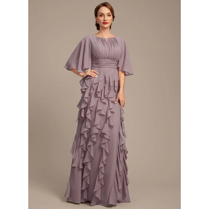 Graceful A-Line Jewel Neck Flutter Sleeve Ruffled Mauve Floor-Length Mother of the Bride Gown