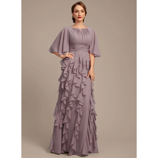 Graceful A-Line Jewel Neck Flutter Sleeve Ruffled Mauve Floor-Length Mother of the Bride Gown