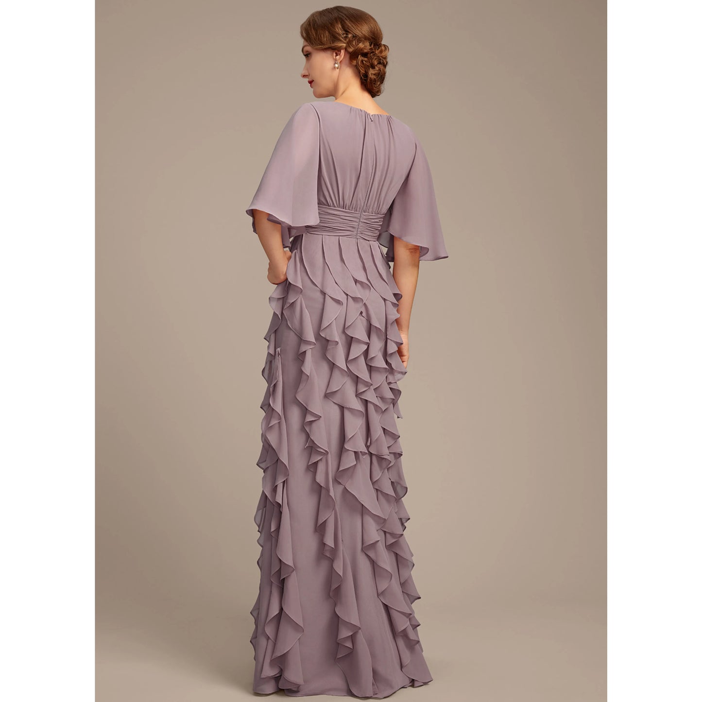 Graceful A-Line Jewel Neck Flutter Sleeve Ruffled Mauve Floor-Length Mother of the Bride Gown