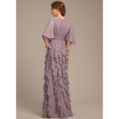 Graceful A-Line Jewel Neck Flutter Sleeve Ruffled Mauve Floor-Length Mother of the Bride Gown
