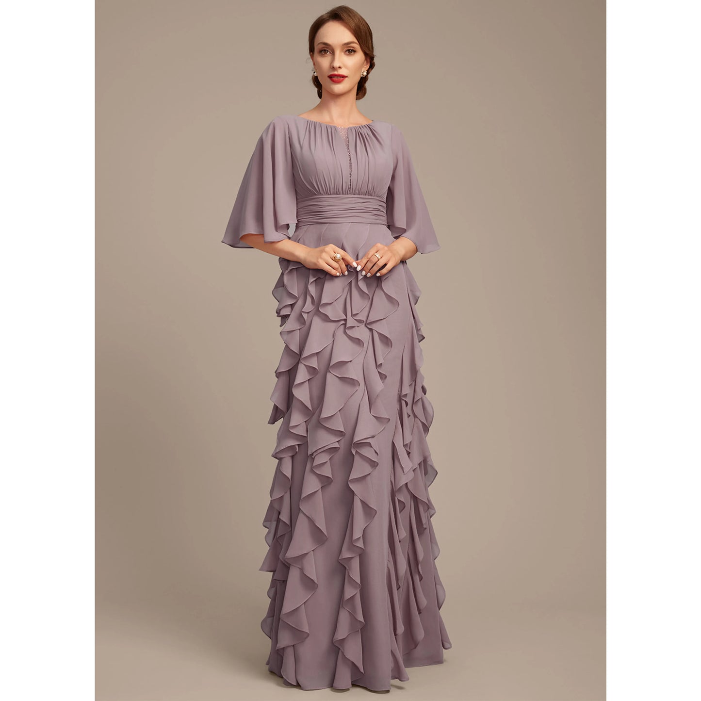 Graceful A-Line Jewel Neck Flutter Sleeve Ruffled Mauve Floor-Length Mother of the Bride Gown