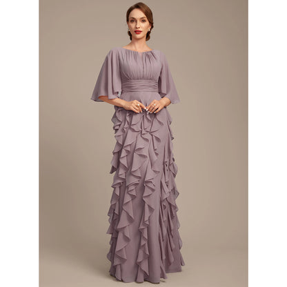 Graceful A-Line Jewel Neck Flutter Sleeve Ruffled Mauve Floor-Length Mother of the Bride Gown