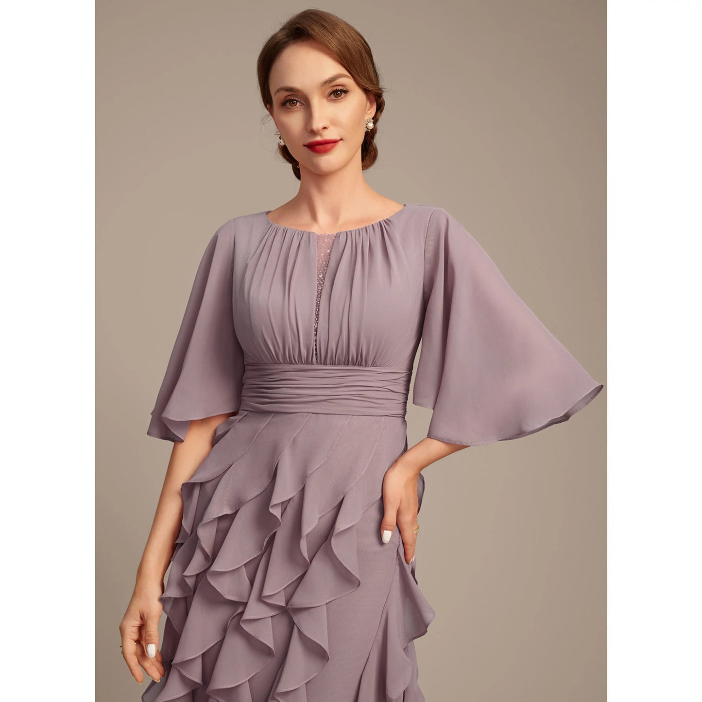 Graceful A-Line Jewel Neck Flutter Sleeve Ruffled Mauve Floor-Length Mother of the Bride Gown
