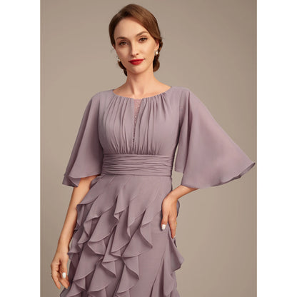 Graceful A-Line Jewel Neck Flutter Sleeve Ruffled Mauve Floor-Length Mother of the Bride Gown