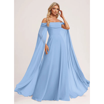 Graceful A-Line Off-Shoulder Cape Sleeve Flowy Light Blue Floor-Length Bridesmaid Gown