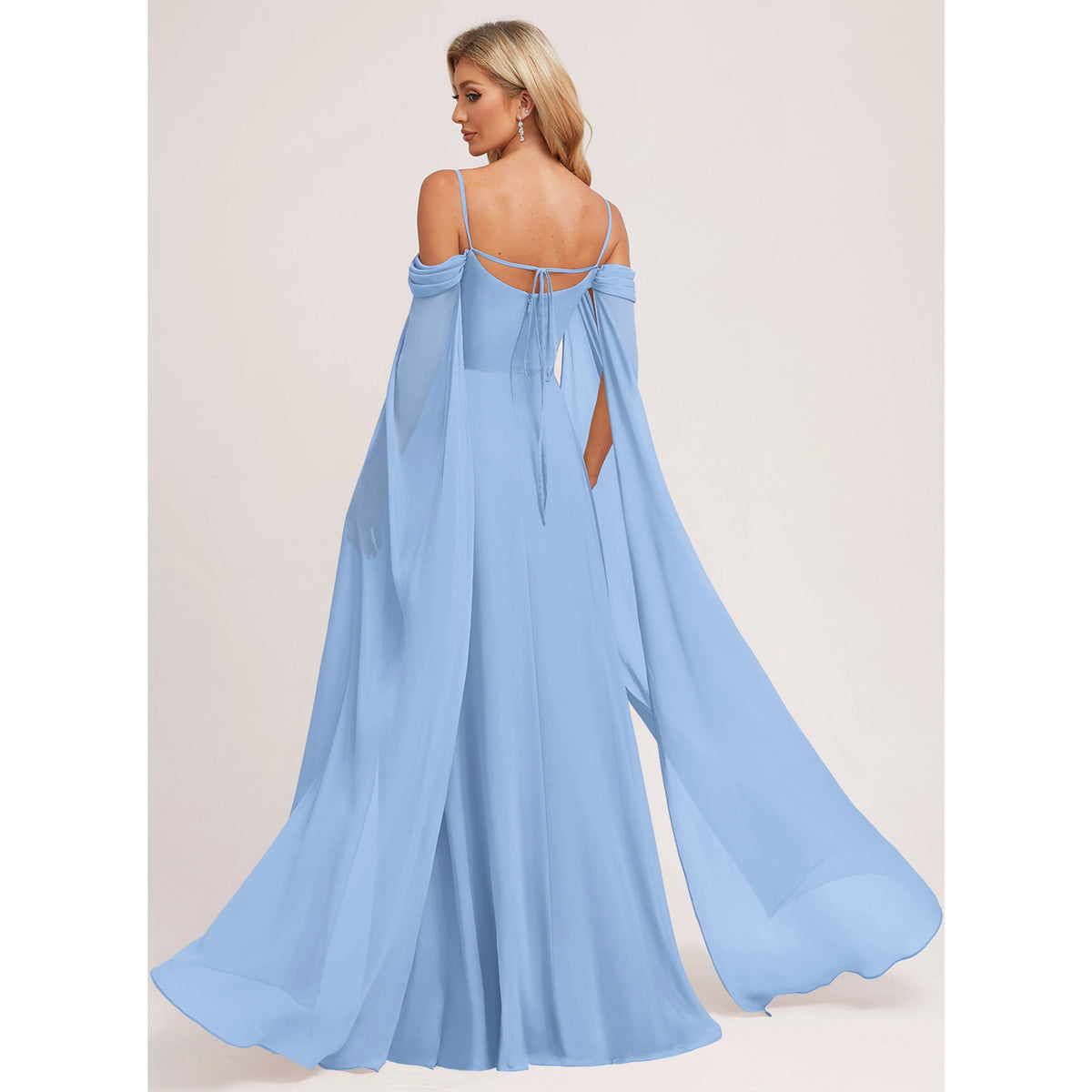 Graceful A-Line Off-Shoulder Cape Sleeve Flowy Light Blue Floor-Length Bridesmaid Gown