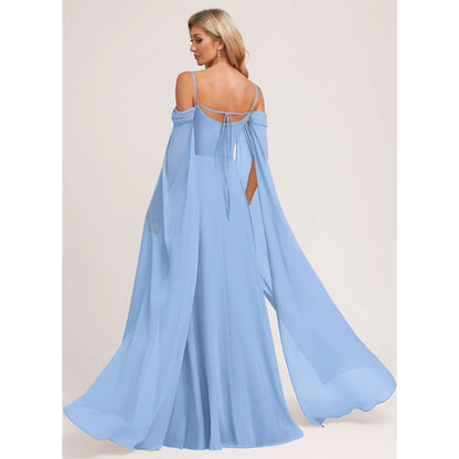 Graceful A-Line Off-Shoulder Cape Sleeve Flowy Light Blue Floor-Length Bridesmaid Gown