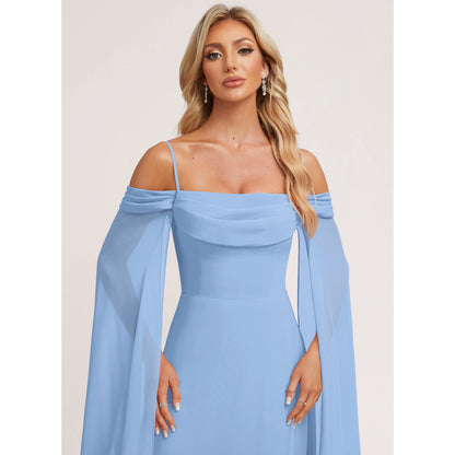 Graceful A-Line Off-Shoulder Cape Sleeve Flowy Light Blue Floor-Length Bridesmaid Gown
