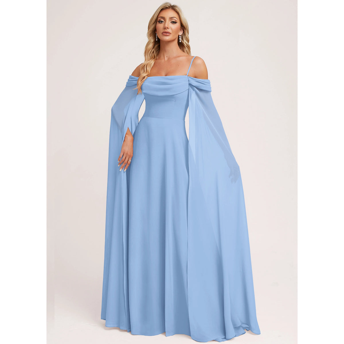 Graceful A-Line Off-Shoulder Cape Sleeve Flowy Light Blue Floor-Length Bridesmaid Gown