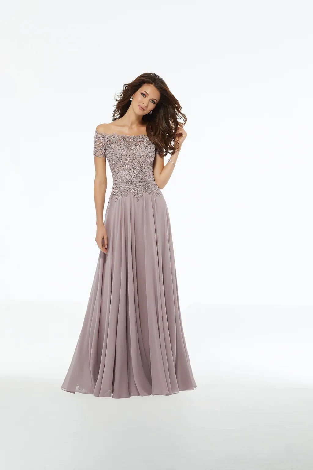 Graceful A-Line Off-Shoulder Lace Beaded Dusty Rose Floor-Length Mother of the Bride Gown