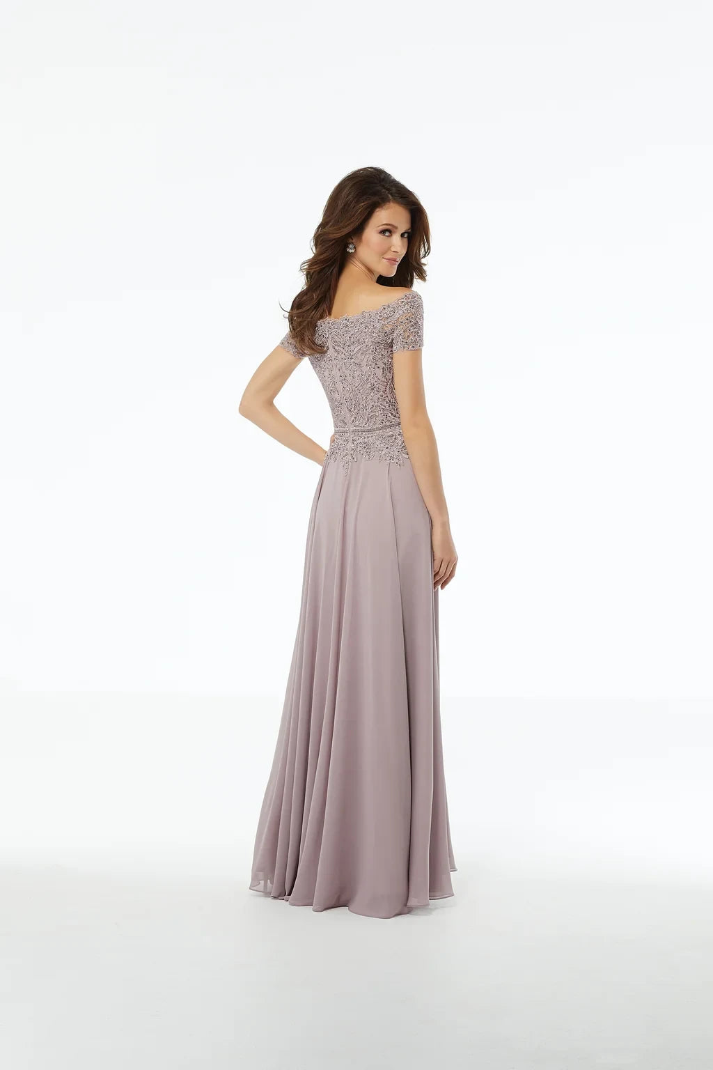 Graceful A-Line Off-Shoulder Lace Beaded Dusty Rose Floor-Length Mother of the Bride Gown