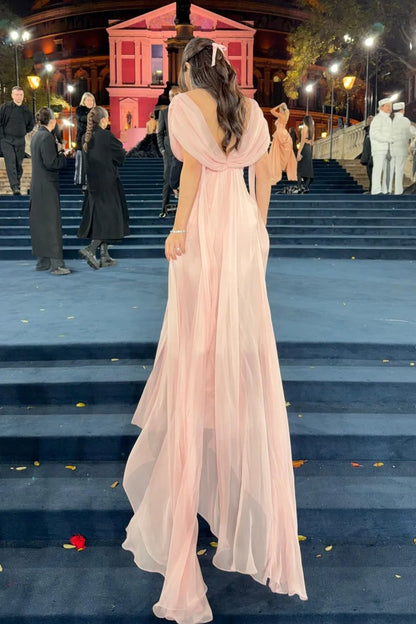 Graceful A-Line Off-Shoulder Sleeveless Draped Cape Pink Floor-Length Prom Dresses For Women