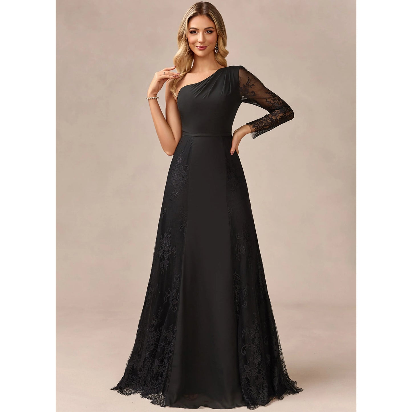 Graceful A-Line One-Shoulder Long Sleeve Black Floor-Length Mother of the Bride Gown
