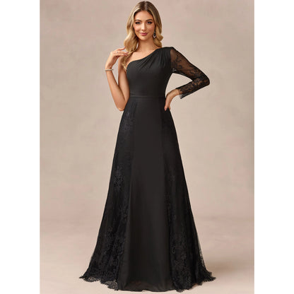 Graceful A-Line One-Shoulder Long Sleeve Black Floor-Length Mother of the Bride Gown