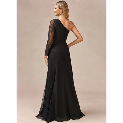 Graceful A-Line One-Shoulder Long Sleeve Black Floor-Length Mother of the Bride Gown