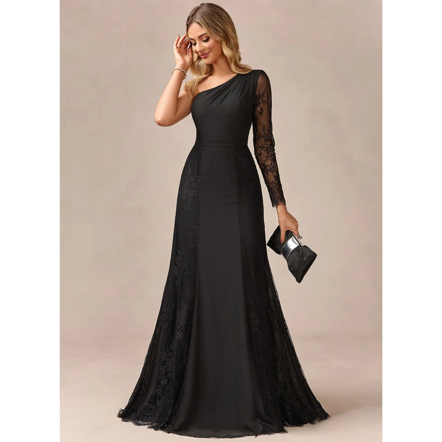 Graceful A-Line One-Shoulder Long Sleeve Black Floor-Length Mother of the Bride Gown