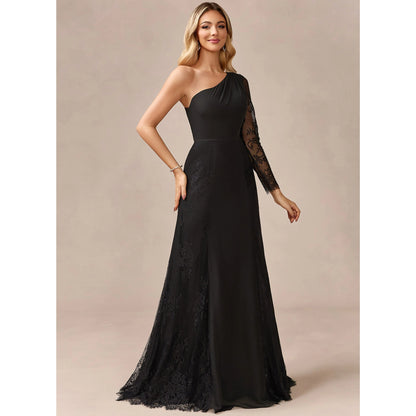 Graceful A-Line One-Shoulder Long Sleeve Black Floor-Length Mother of the Bride Gown