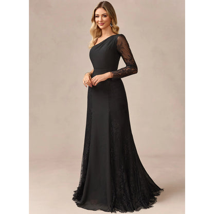Graceful A-Line One-Shoulder Long Sleeve Black Floor-Length Mother of the Bride Gown