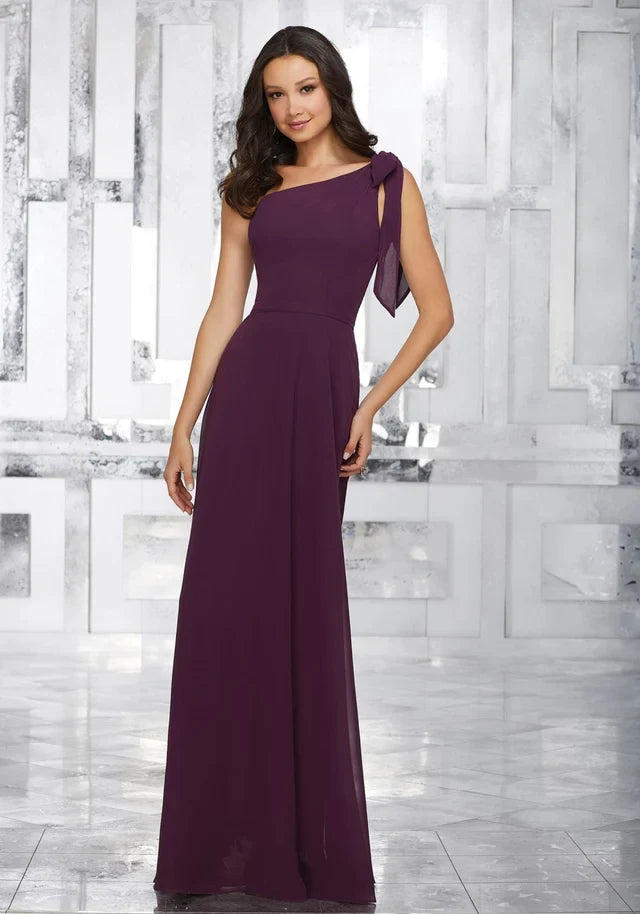 Graceful A-Line One-Shoulder Sleeveless Bow Flowy Plum Maxi Bridesmaid Dress Women