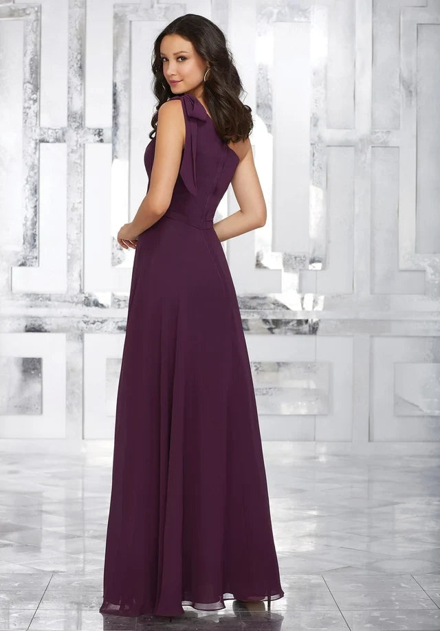 Graceful A-Line One-Shoulder Sleeveless Bow Flowy Plum Maxi Bridesmaid Dress Women