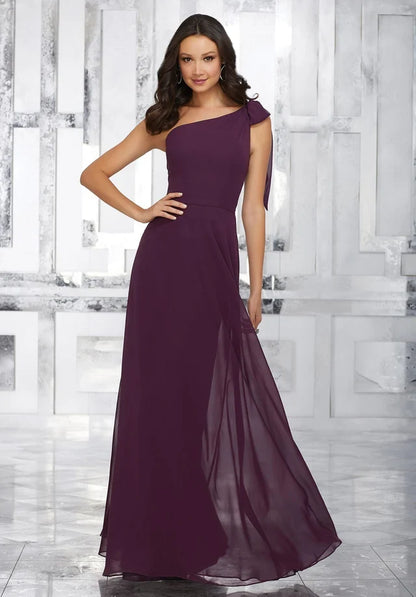 Graceful A-Line One-Shoulder Sleeveless Bow Flowy Plum Maxi Bridesmaid Dress Women