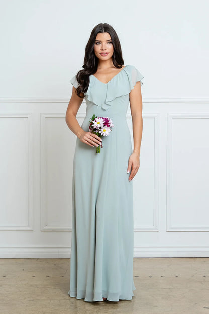 Graceful A-Line Ruffled V-Neck Short Sleeve Sage Green Floor-Length Mother of the Bride Dress