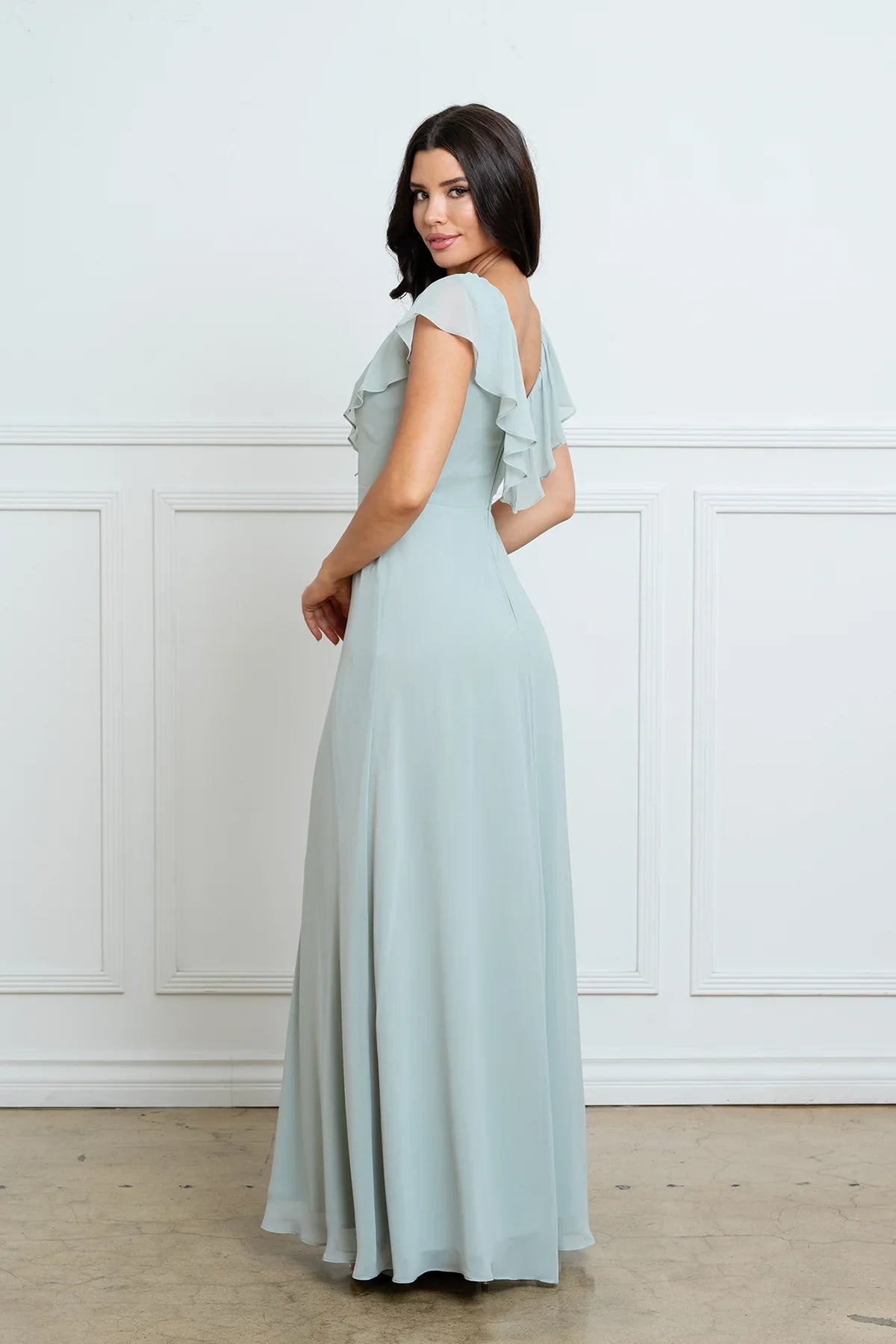 Graceful A-Line Ruffled V-Neck Short Sleeve Sage Green Floor-Length Mother of the Bride Dress