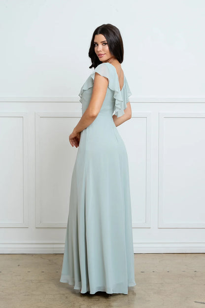Graceful A-Line Ruffled V-Neck Short Sleeve Sage Green Floor-Length Mother of the Bride Dress