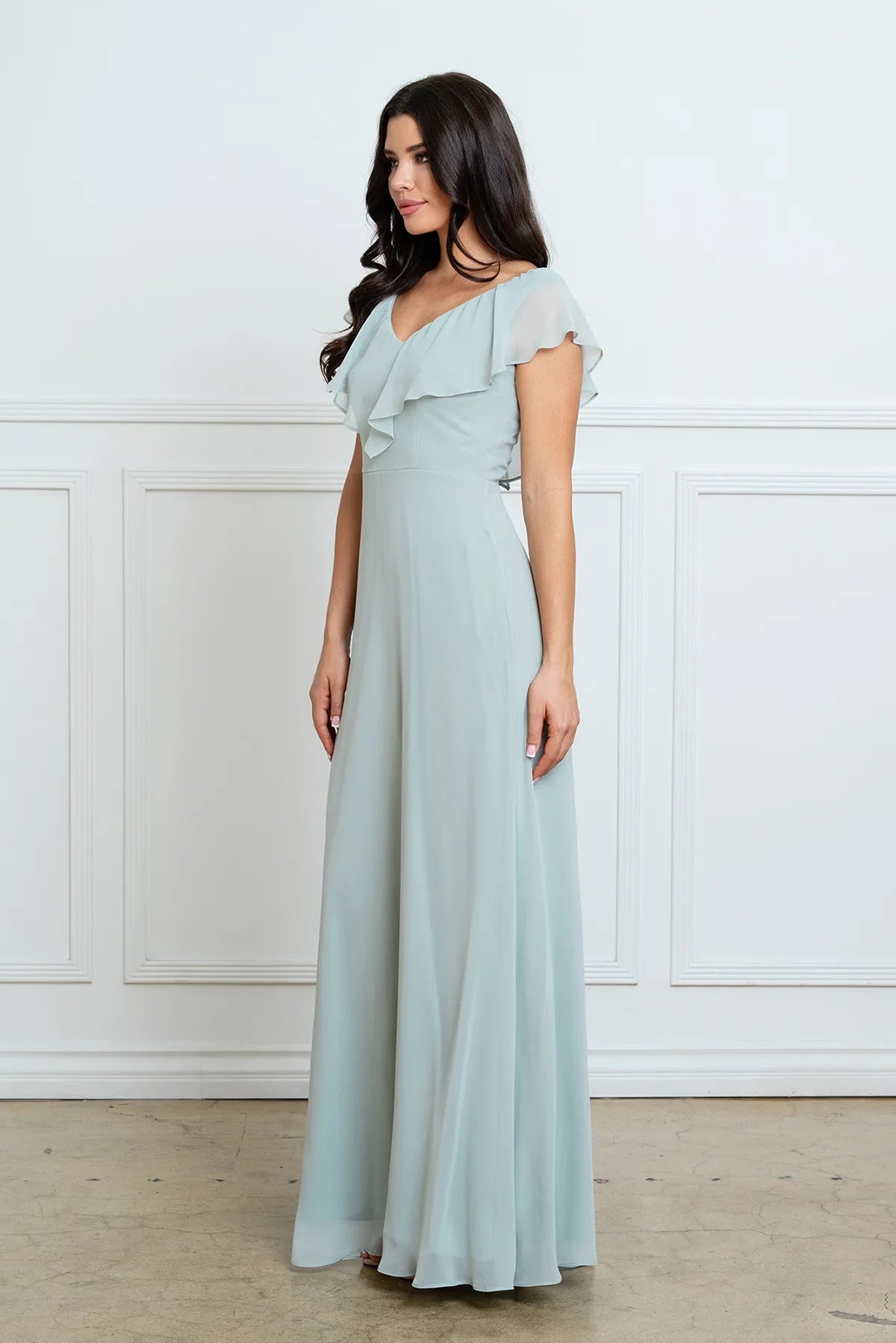 Graceful A-Line Ruffled V-Neck Short Sleeve Sage Green Floor-Length Mother of the Bride Dress