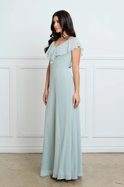 Graceful A-Line Ruffled V-Neck Short Sleeve Sage Green Floor-Length Mother of the Bride Dress
