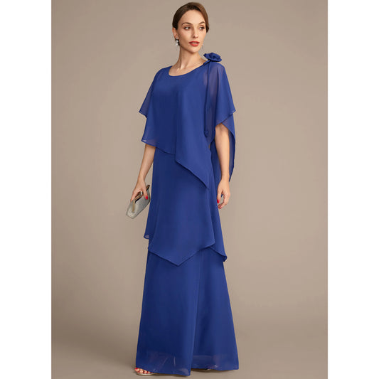 Graceful A-Line Scoop Neck Tiered Flowy Royal Blue Floor-Length Mother of the Bride Dress