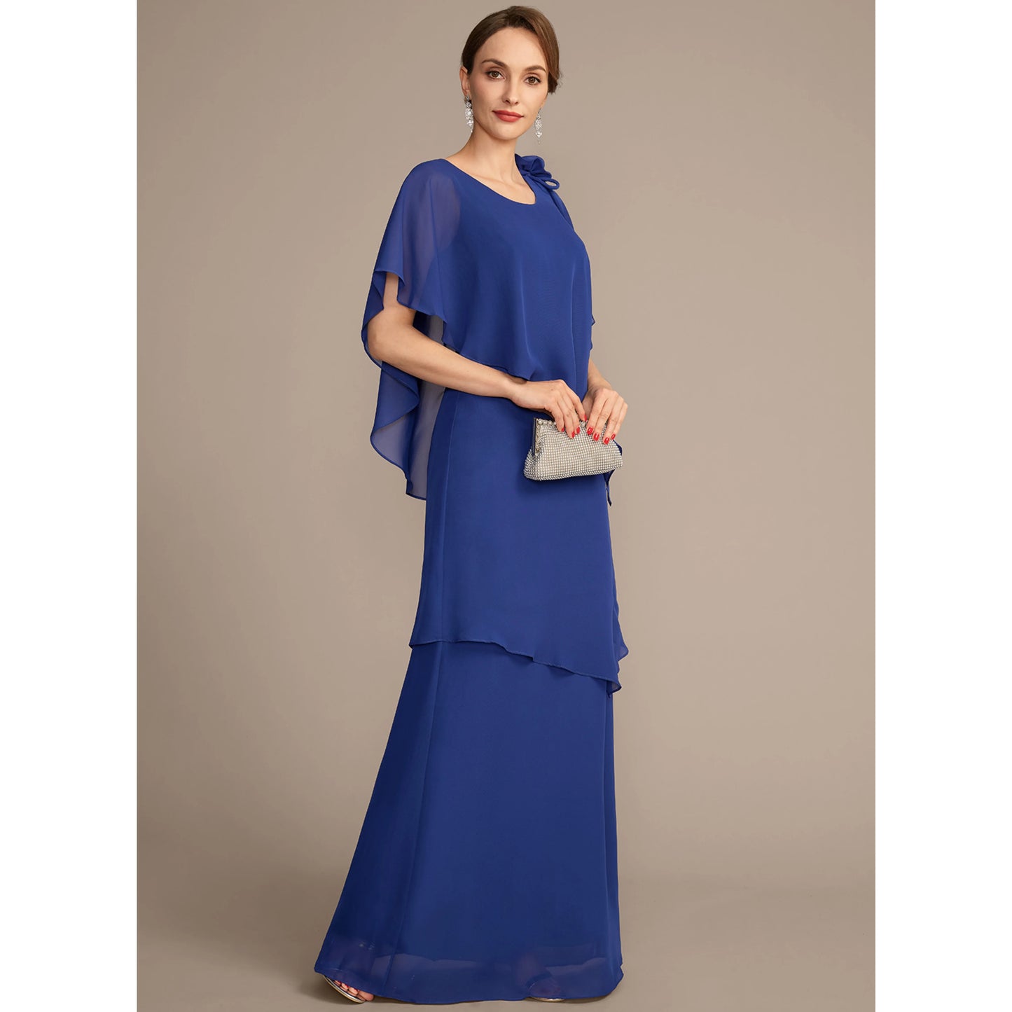 Graceful A-Line Scoop Neck Tiered Flowy Royal Blue Floor-Length Mother of the Bride Dress