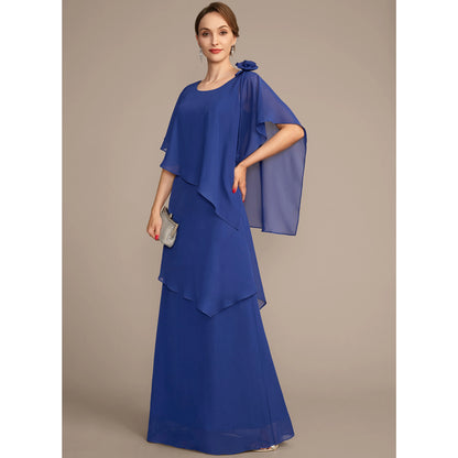 Graceful A-Line Scoop Neck Tiered Flowy Royal Blue Floor-Length Mother of the Bride Dress