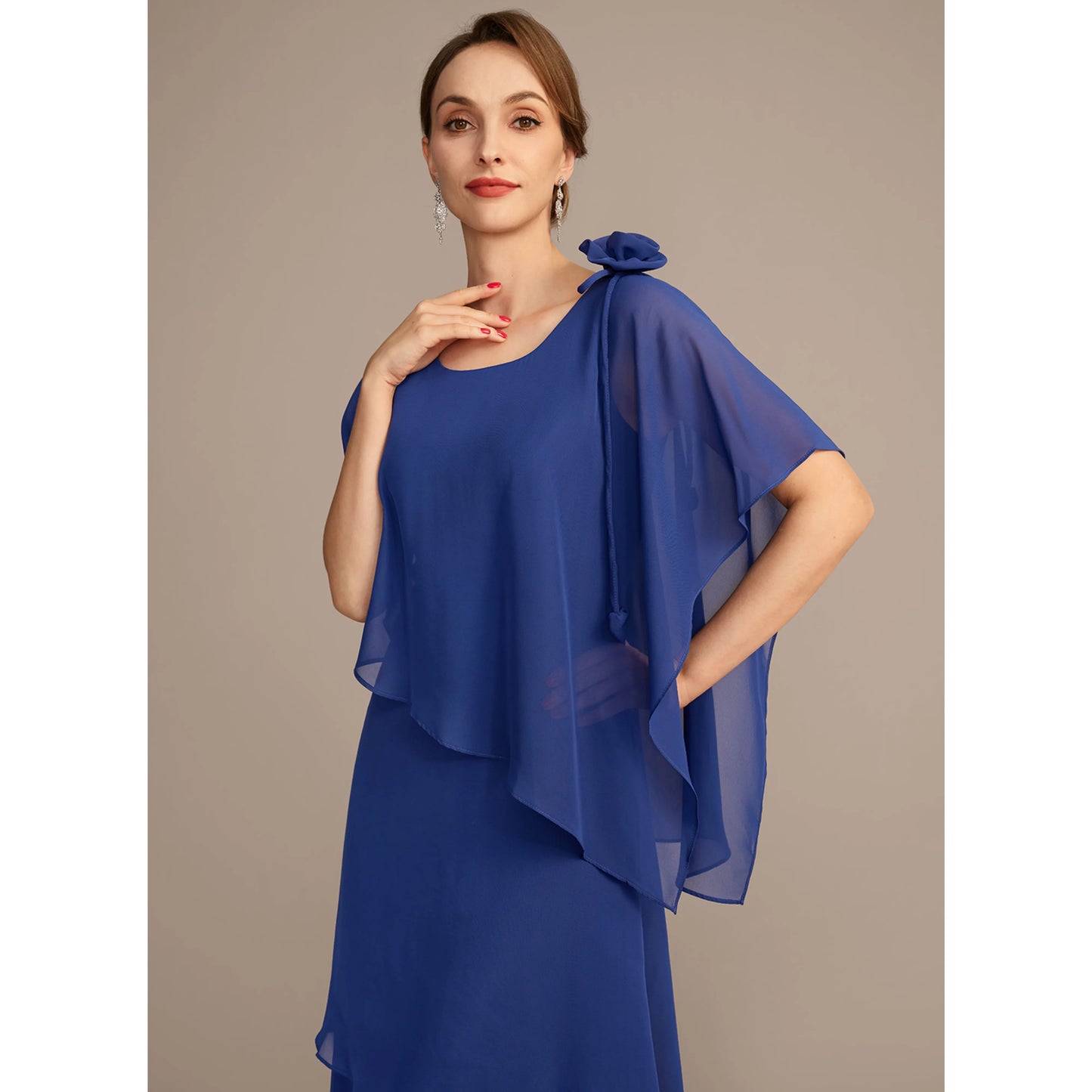 Graceful A-Line Scoop Neck Tiered Flowy Royal Blue Floor-Length Mother of the Bride Dress