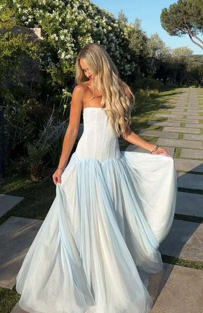 Graceful A-Line Strapless Sleeveless Corset Flowy Light Blue Floor-Length Prom Dress
