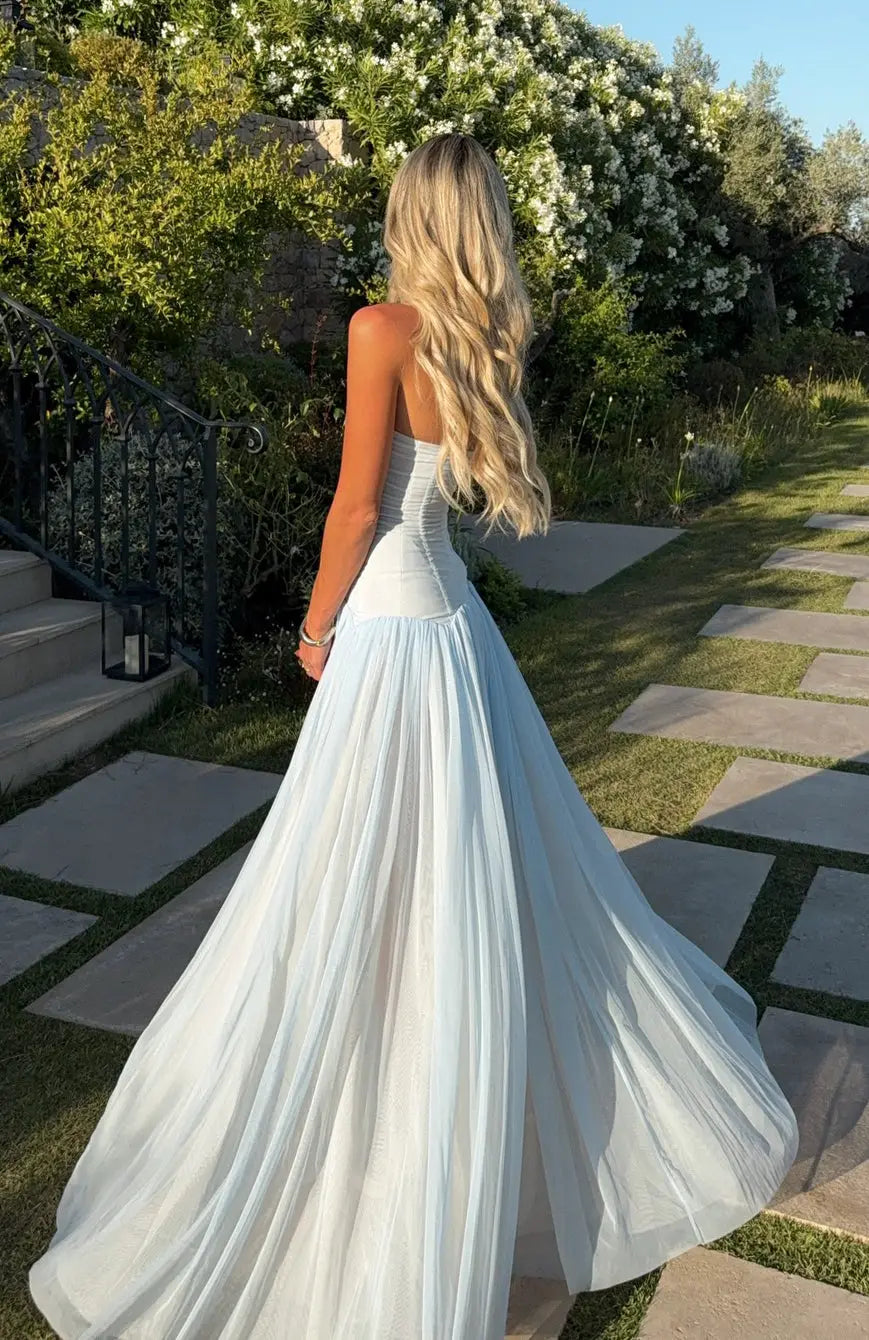 Graceful A-Line Strapless Sleeveless Corset Flowy Light Blue Floor-Length Prom Dress