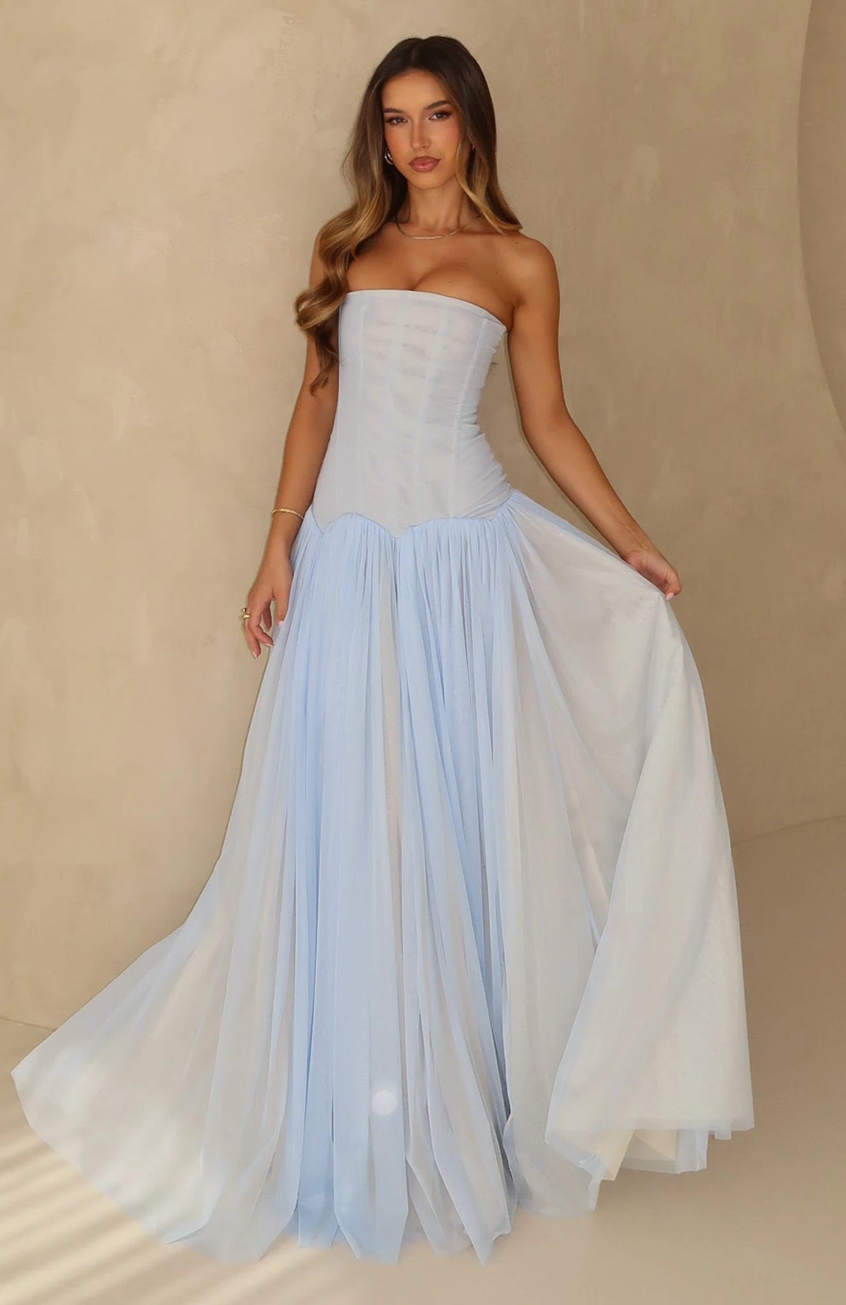 Graceful A-Line Strapless Sleeveless Corset Flowy Light Blue Floor-Length Prom Dress