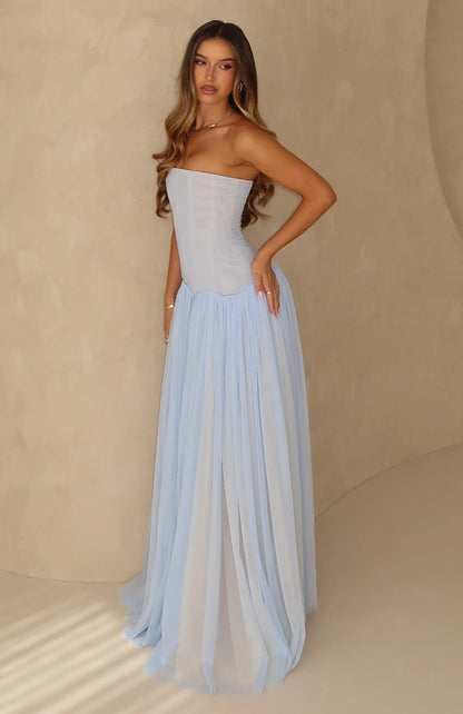 Graceful A-Line Strapless Sleeveless Corset Flowy Light Blue Floor-Length Prom Dress