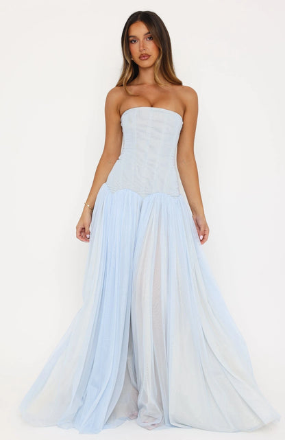 Graceful A-Line Strapless Sleeveless Corset Flowy Light Blue Floor-Length Prom Dress