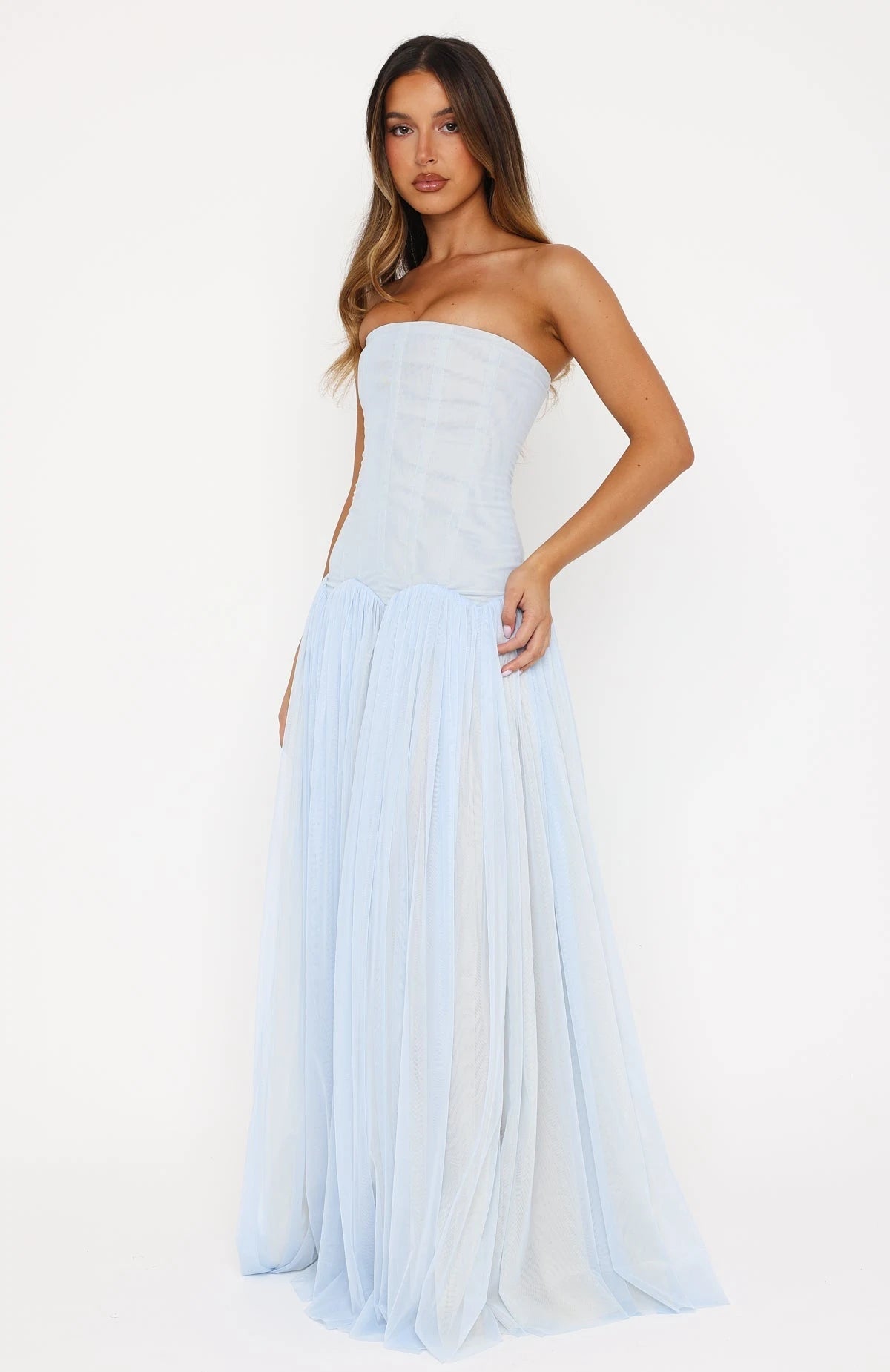 Graceful A-Line Strapless Sleeveless Corset Flowy Light Blue Floor-Length Prom Dress
