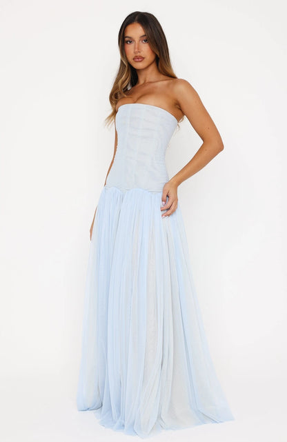 Graceful A-Line Strapless Sleeveless Corset Flowy Light Blue Floor-Length Prom Dress
