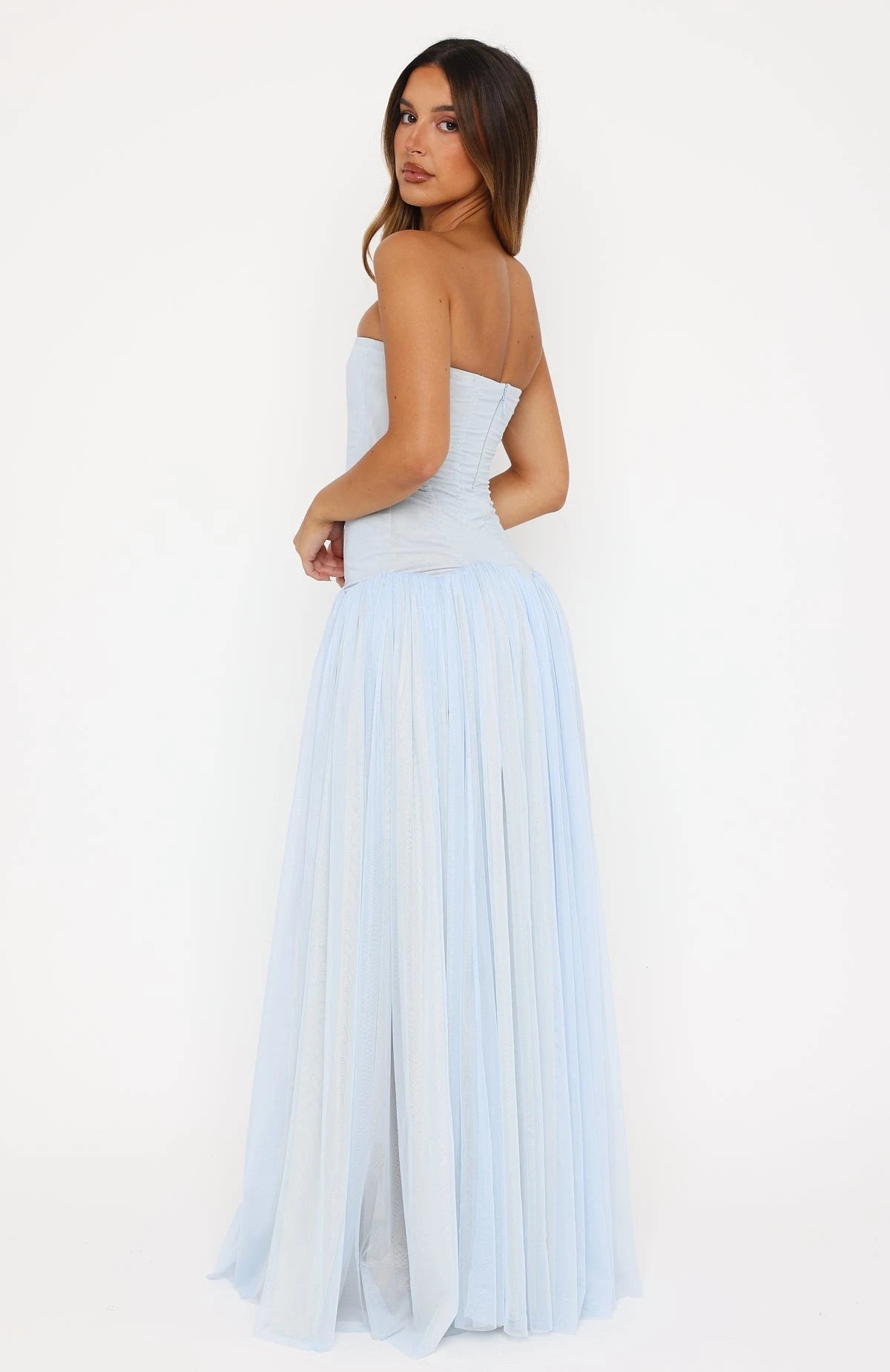 Graceful A-Line Strapless Sleeveless Corset Flowy Light Blue Floor-Length Prom Dress