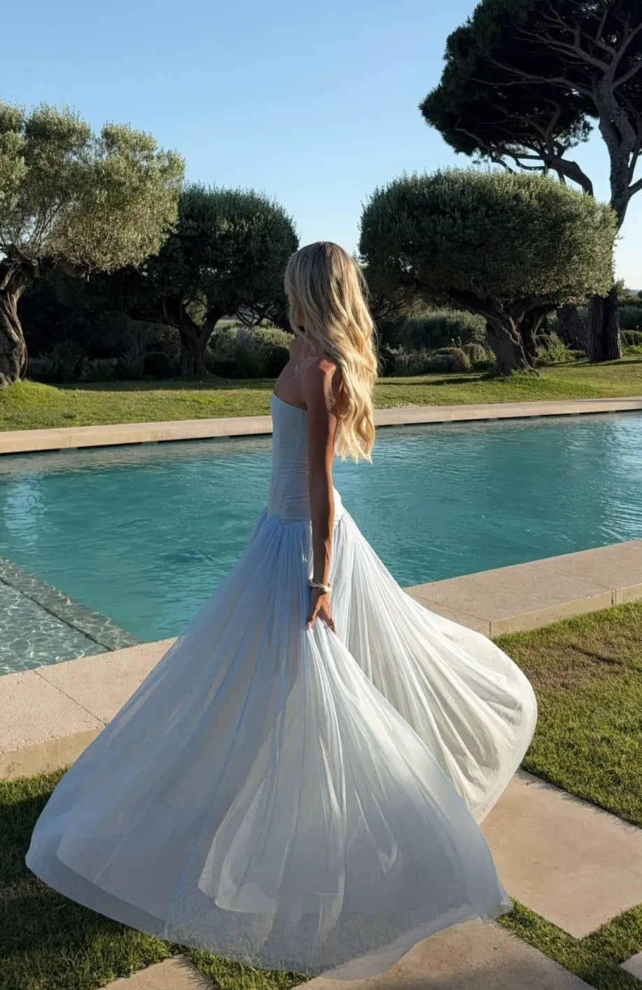 Graceful A-Line Strapless Sleeveless Corset Flowy Light Blue Floor-Length Prom Dress