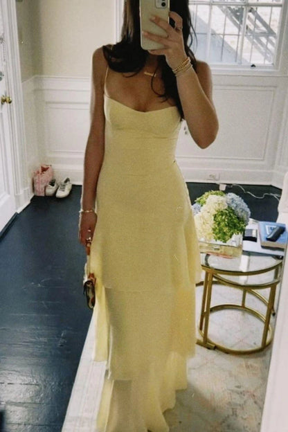 Graceful A-Line Sweetheart Sleeveless Tiered Draped Yellow Maxi Prom Dresses Women
