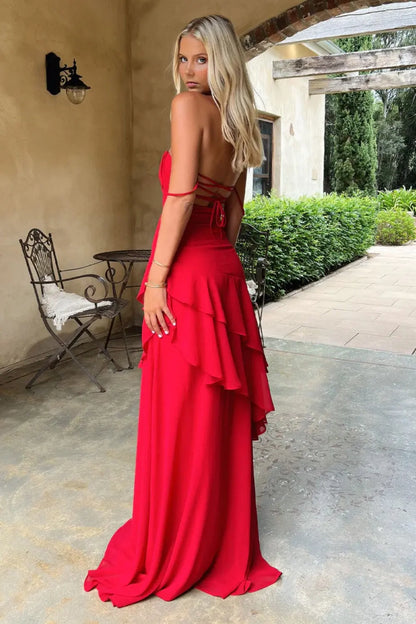 Graceful A-Line Sweetheart Sleeveless Tiered Ruffle Red Long Prom Dresses Women