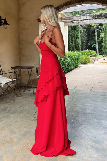 Graceful A-Line Sweetheart Sleeveless Tiered Ruffle Red Long Prom Dresses Women