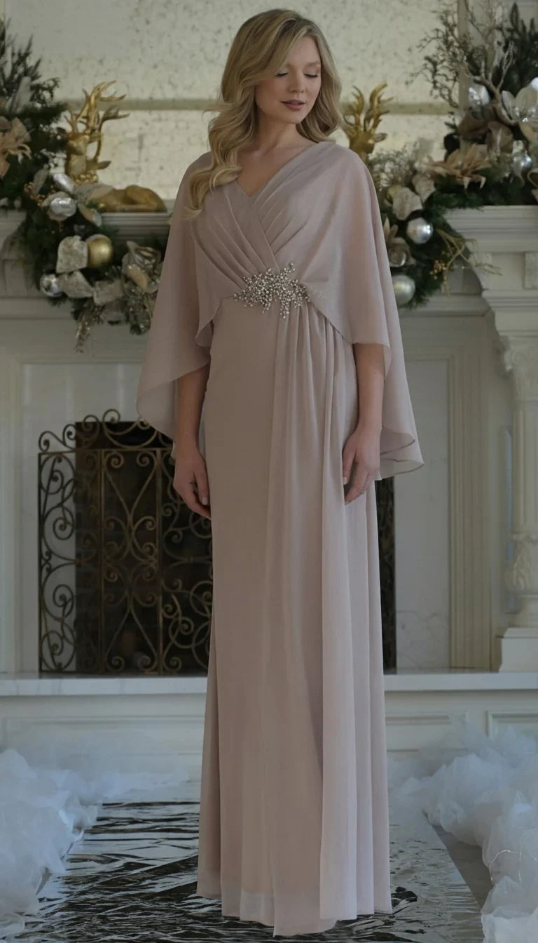 Graceful A-Line V-Neck Cape Sleeves Beaded Champagne Floor-Length Mother of the Bride Gown