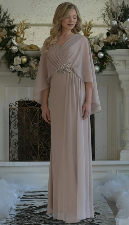 Graceful A-Line V-Neck Cape Sleeves Beaded Champagne Floor-Length Mother of the Bride Gown